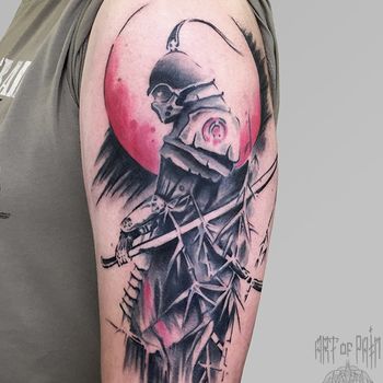 Татуировка мужская акварель на плече самурай