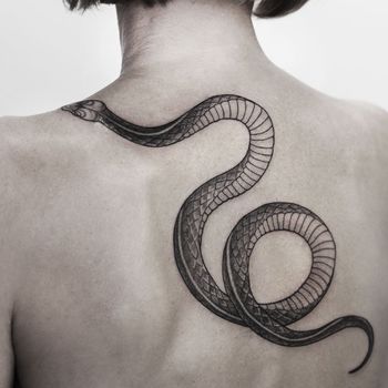 Татуировка женская графика на спине змея