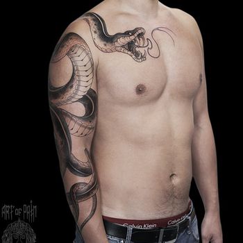 Татуировка мужская графика на руке и груди змея
