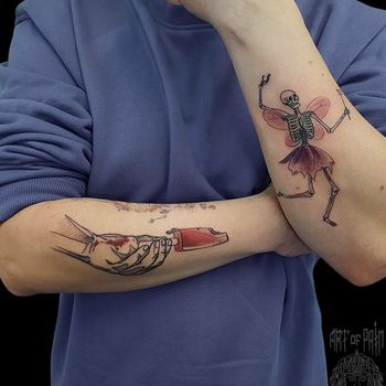 Татуировка мужская графика на предплечьях рука с мороженным и фея скелет